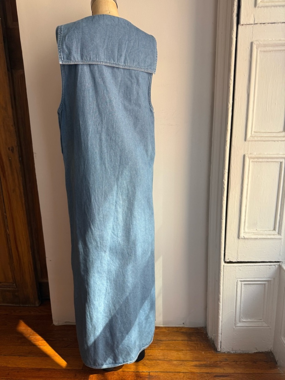 Vintage Denim Cotton Sailor Maxi Dress Large Collar Minimalist Structured - Picture 7 of 9